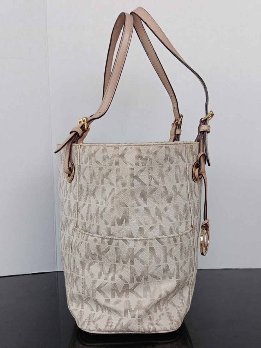Michael Kors Cream Logo Tote with Tan Trim and Wallet Size 12×11×6 - Picture 5 of 9